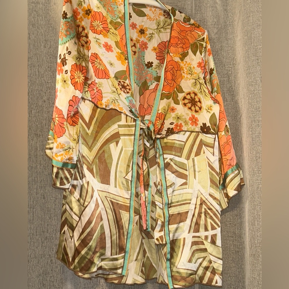 CABi Floral 100% Silk Floral Kimono Tie-Front Blouse  in Coral, Teal & Cream SzL